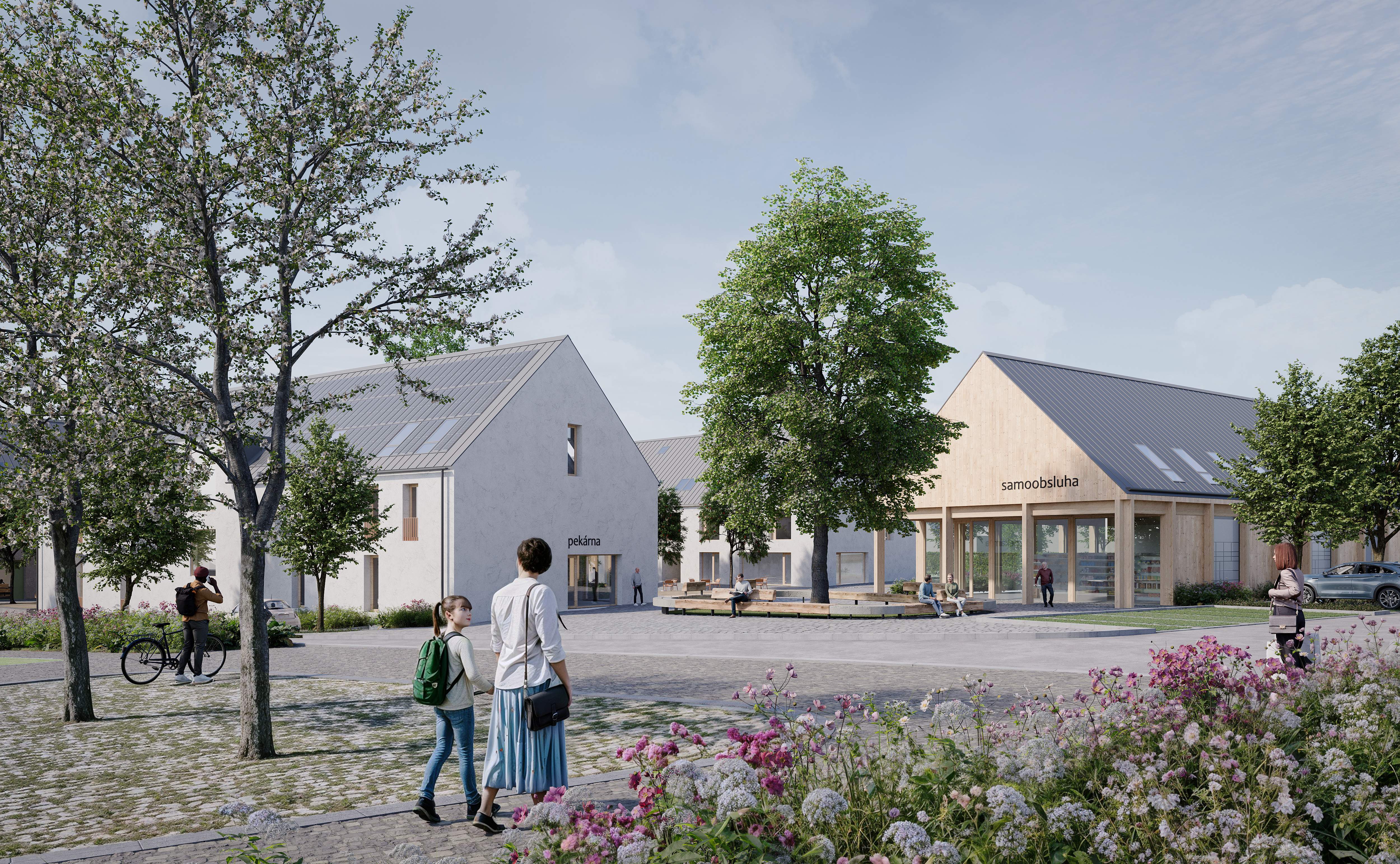 Komunitní centrum s vesnickou architekturou a zelenými prostory